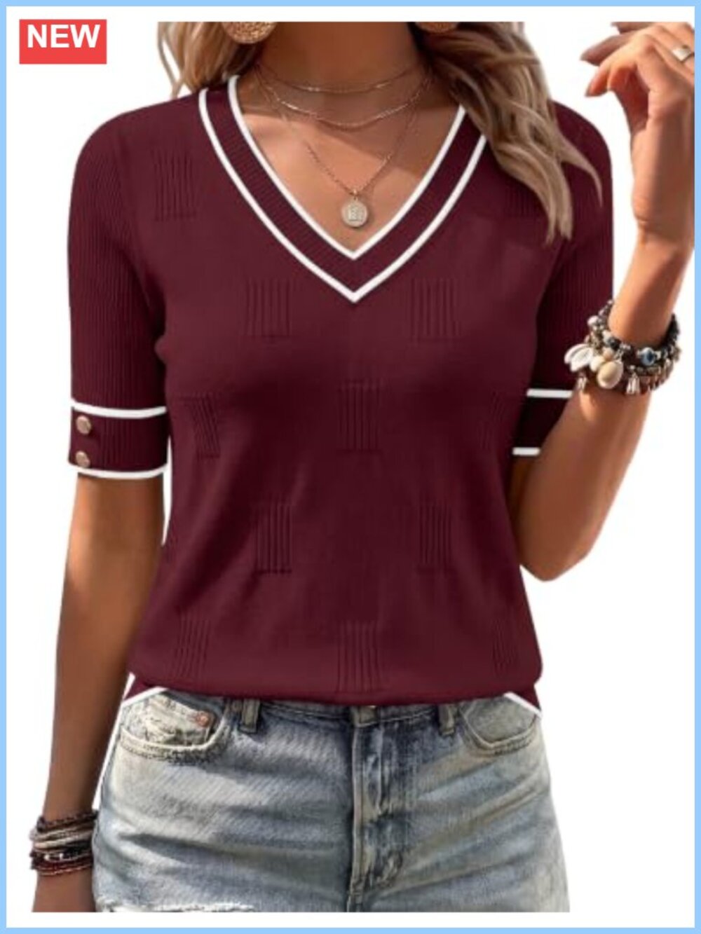 Short Sleeve V-Neck Ribbed Knit Pullover Sweater Button Cuff